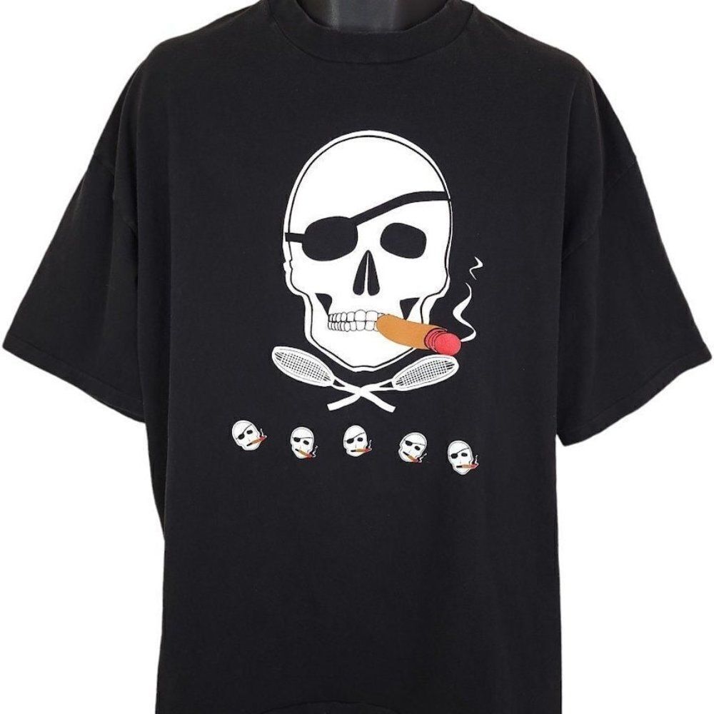 Skull Crossbones Lacrosse T Shirt Vintage 90s Pirate Cigar Made In USA Mens